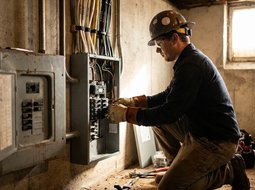Electrician installing a new 200-amp service panel next to an older gray breaker box in a home basement
