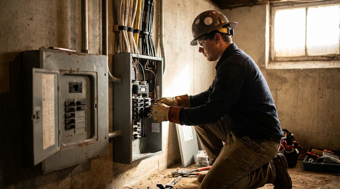 Electrician installing a new 200-amp service panel next to an older gray breaker box in a home basement